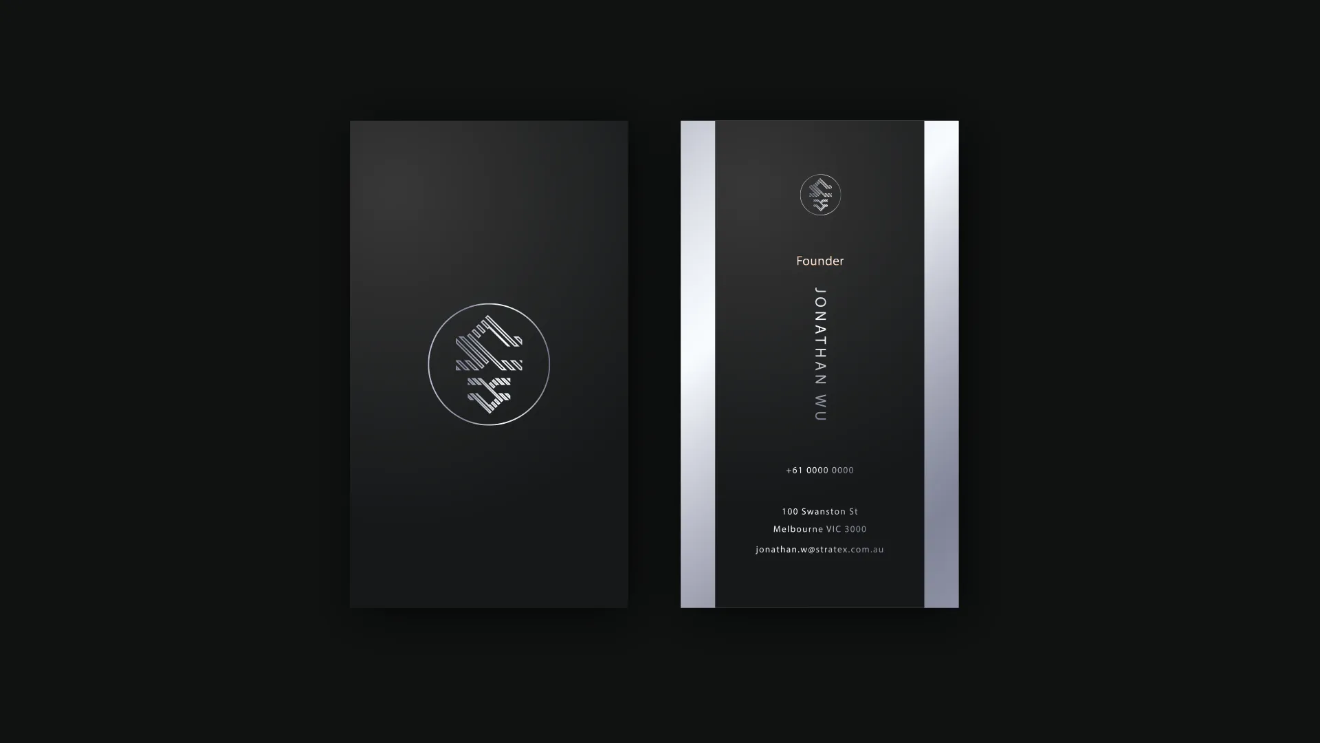 Sleek, modern business card design featuring a black background with metallic silver accents. The front showcases a geometric logo in a circular frame.