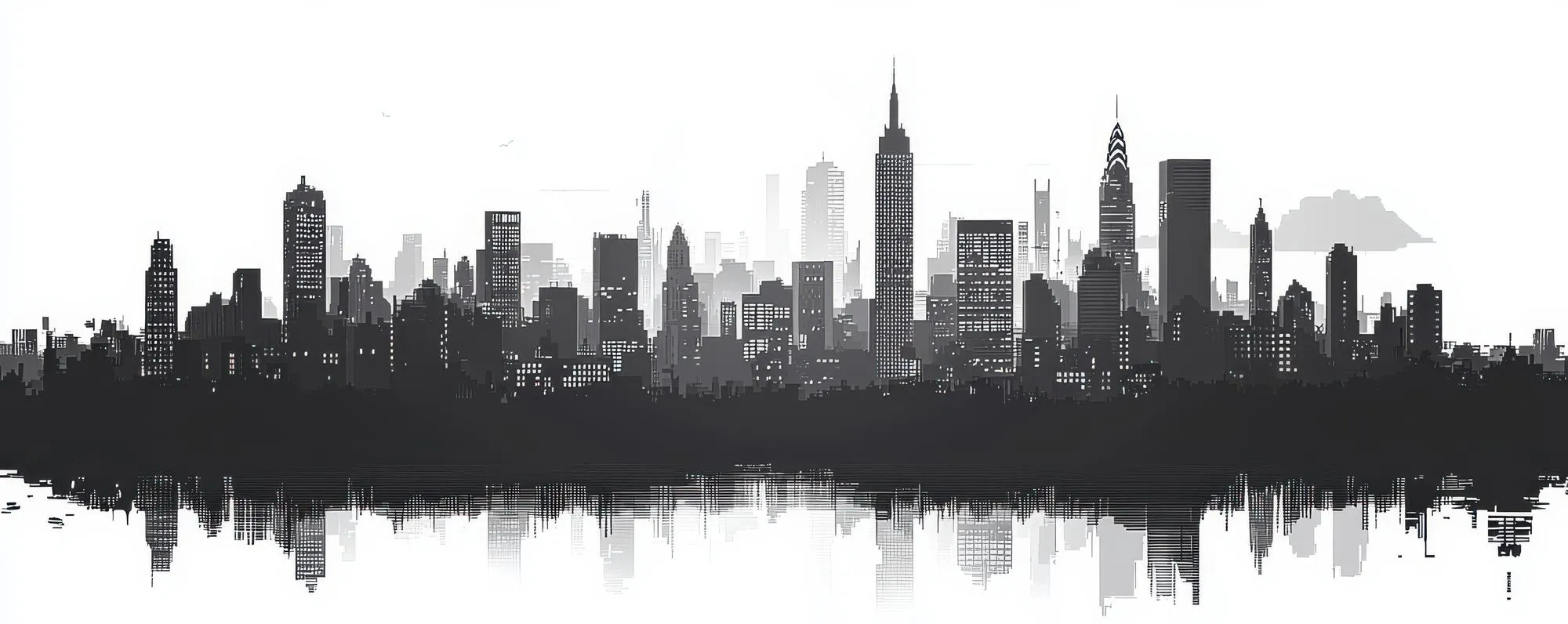 Monochrome city skyline silhouette with reflection.