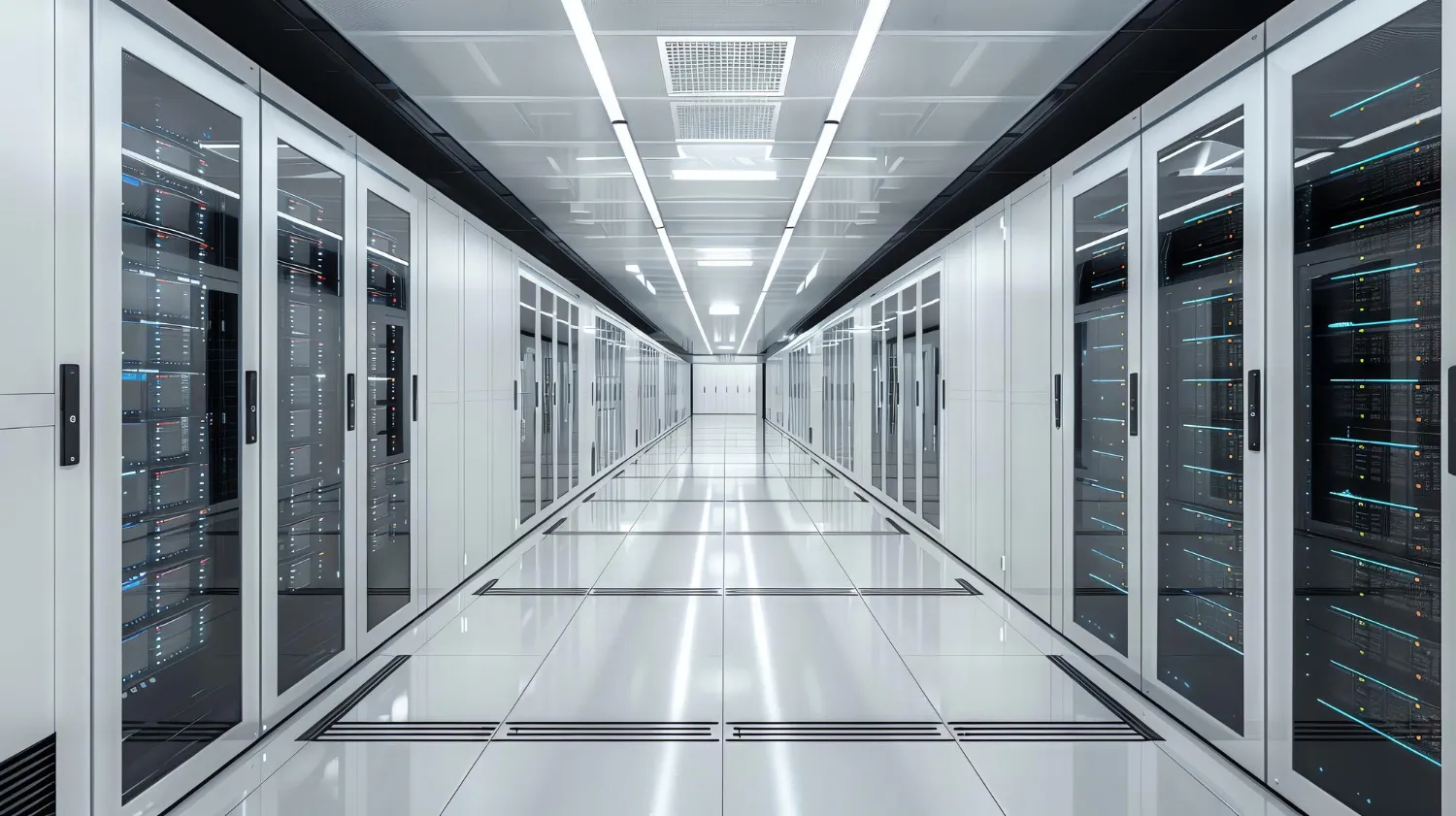 Modern data center hallway with rows of server racks on both sides, bright overhead lighting, and reflective white flooring.