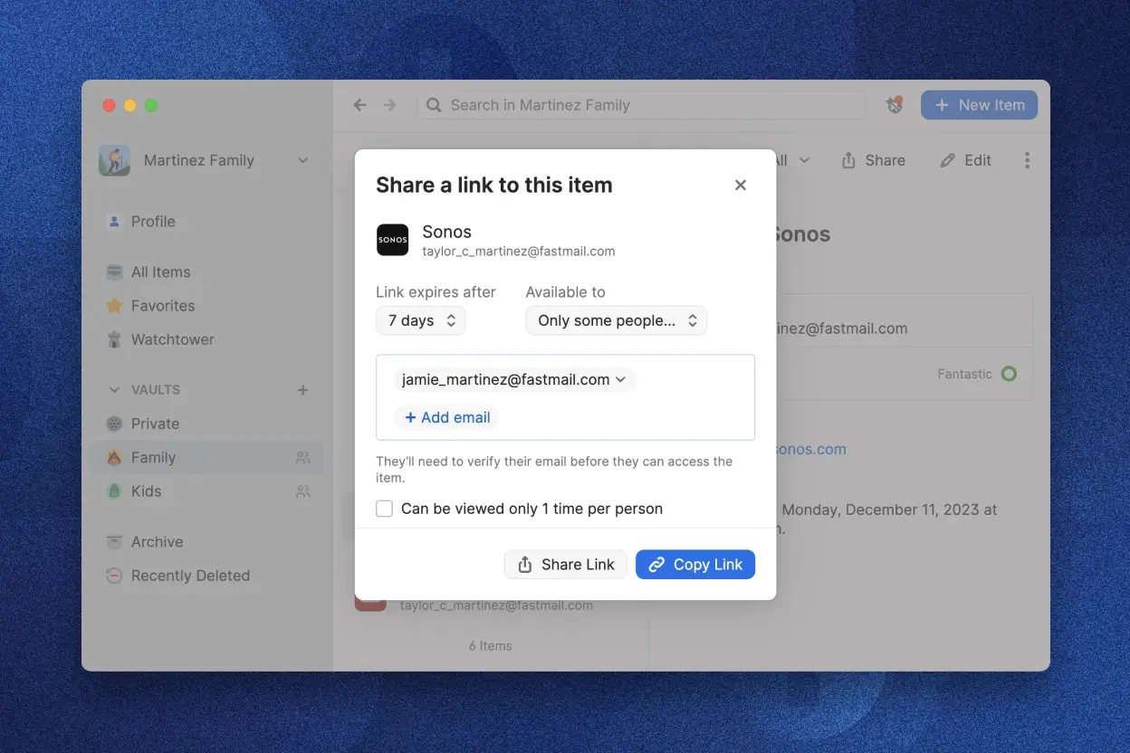 1Password interface for sharing a secure link to an item with configurable access duration and recipient email addresses.