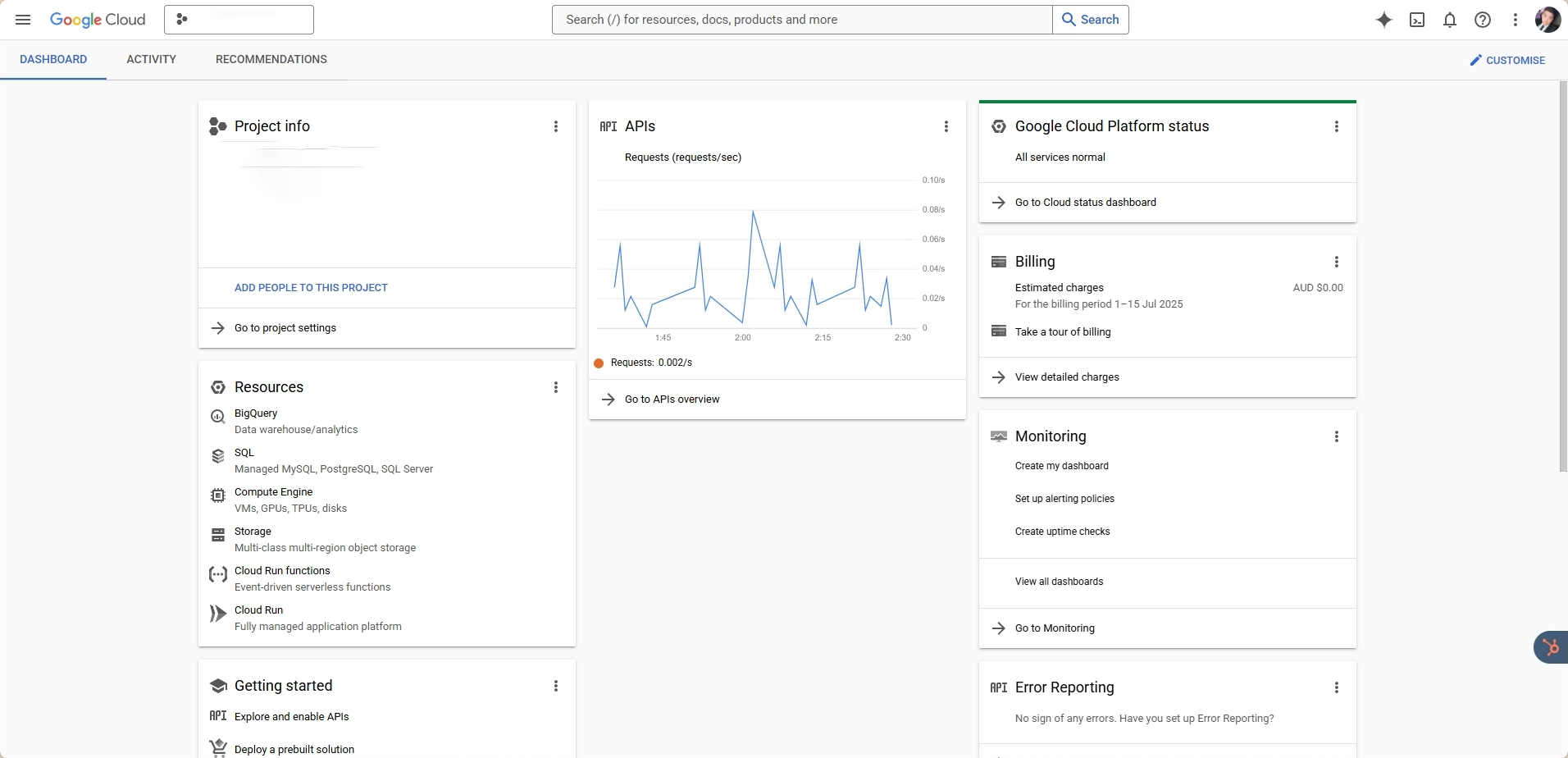 Google Cloud Platform Dashboard overview showing project info, API requests, billing status, and cloud resource monitoring panels.