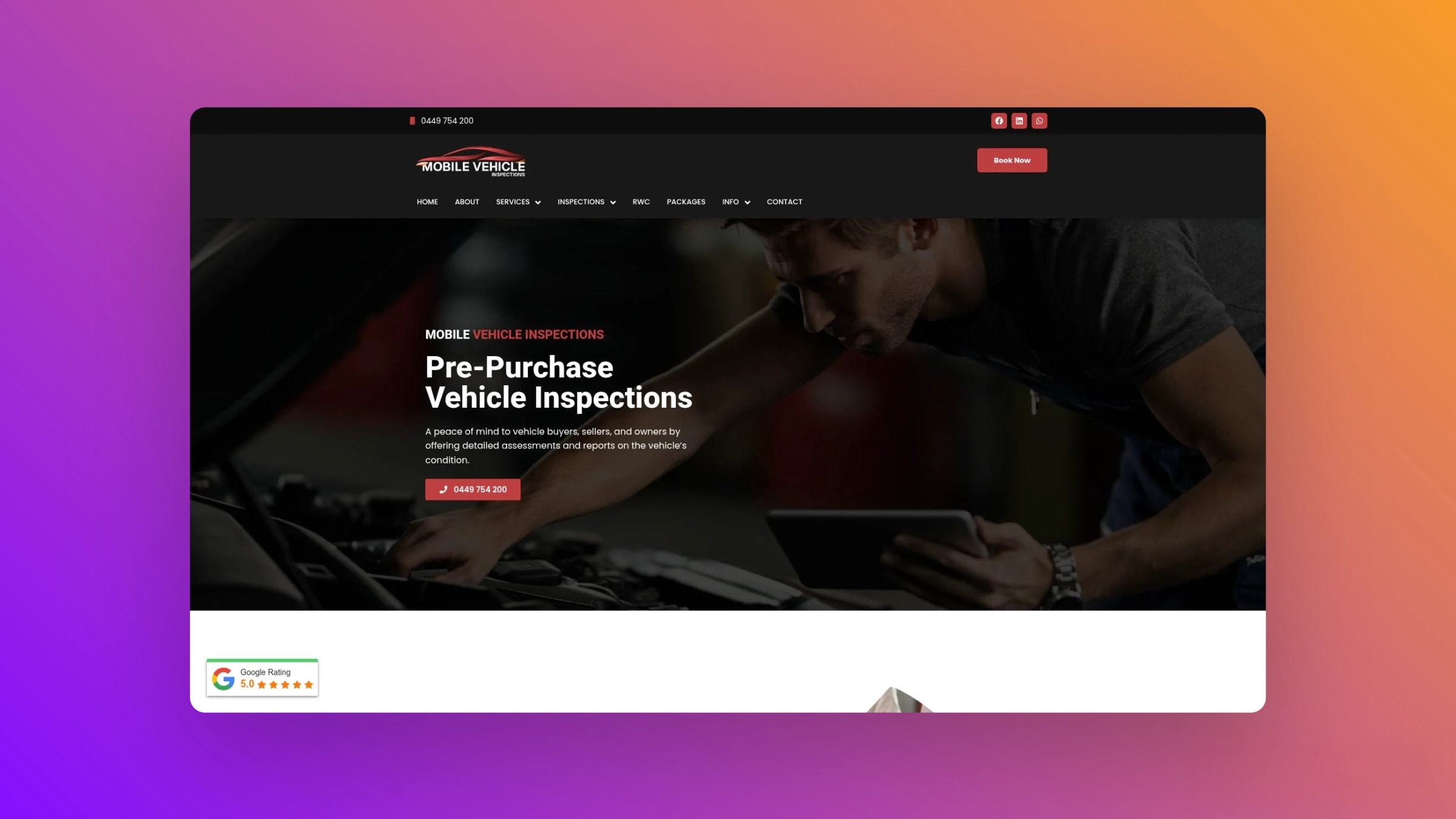 Desktop view of the Mobile Vehicle Inspection pre-purchase inspection page with detailed service overview and contact option.