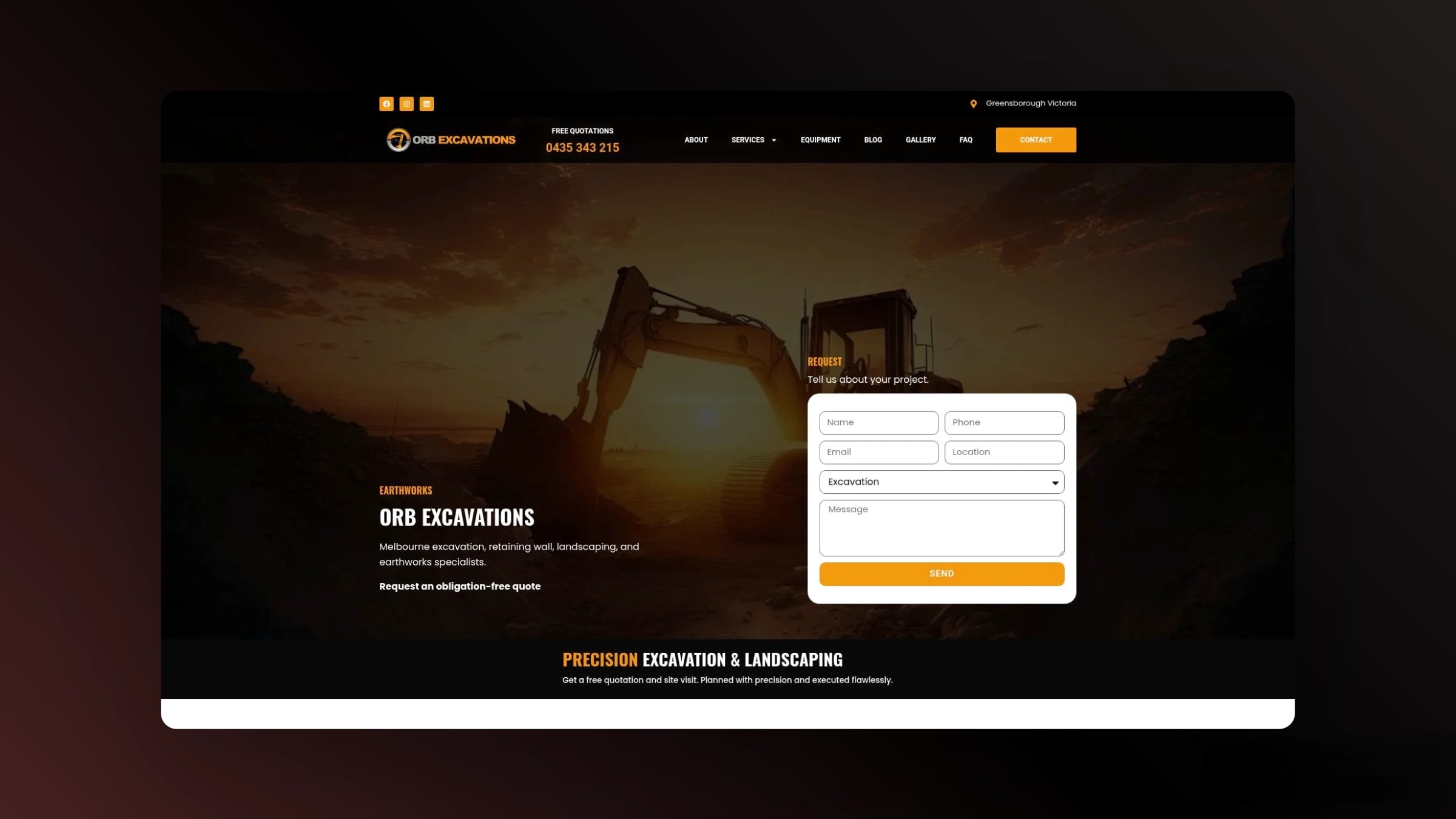 Orb Excavations Melbourne excavation company homepage screenshot.