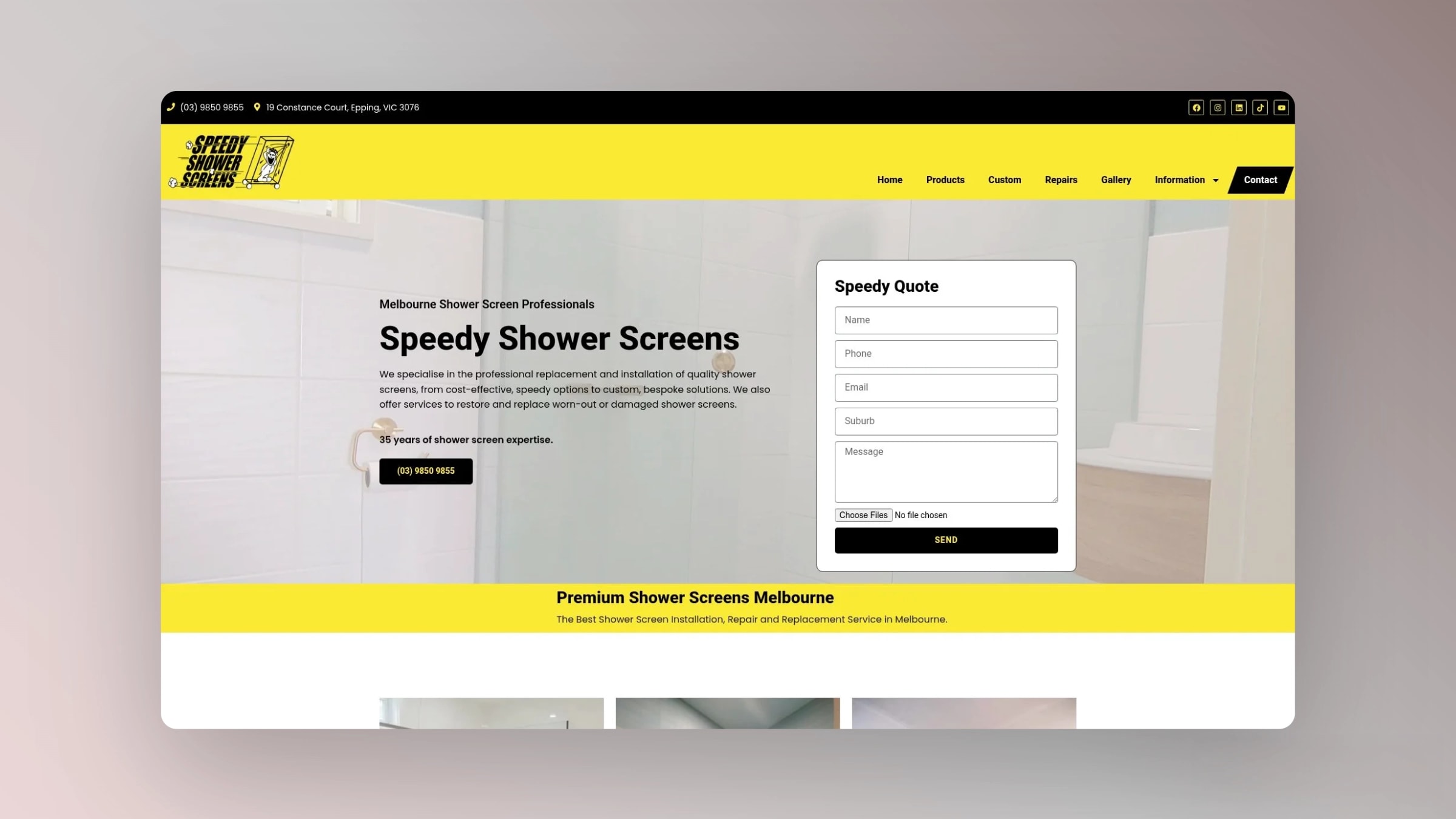 Screenshot of the Speedy Shower Screens homepage showing the company logo, contact details, navigation menu and quote request form beside a shower image.