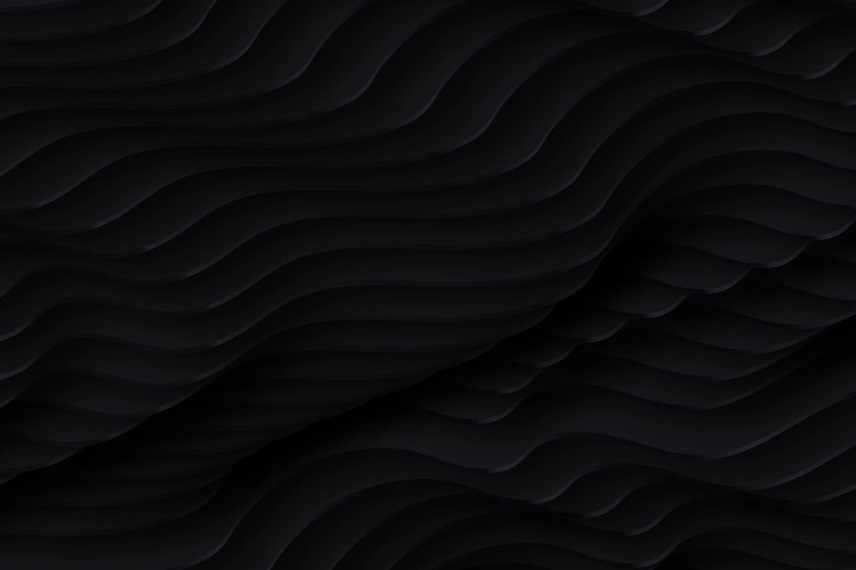 Abstract dark background with layered, wavy black curves creating a 3D ripple effect.
