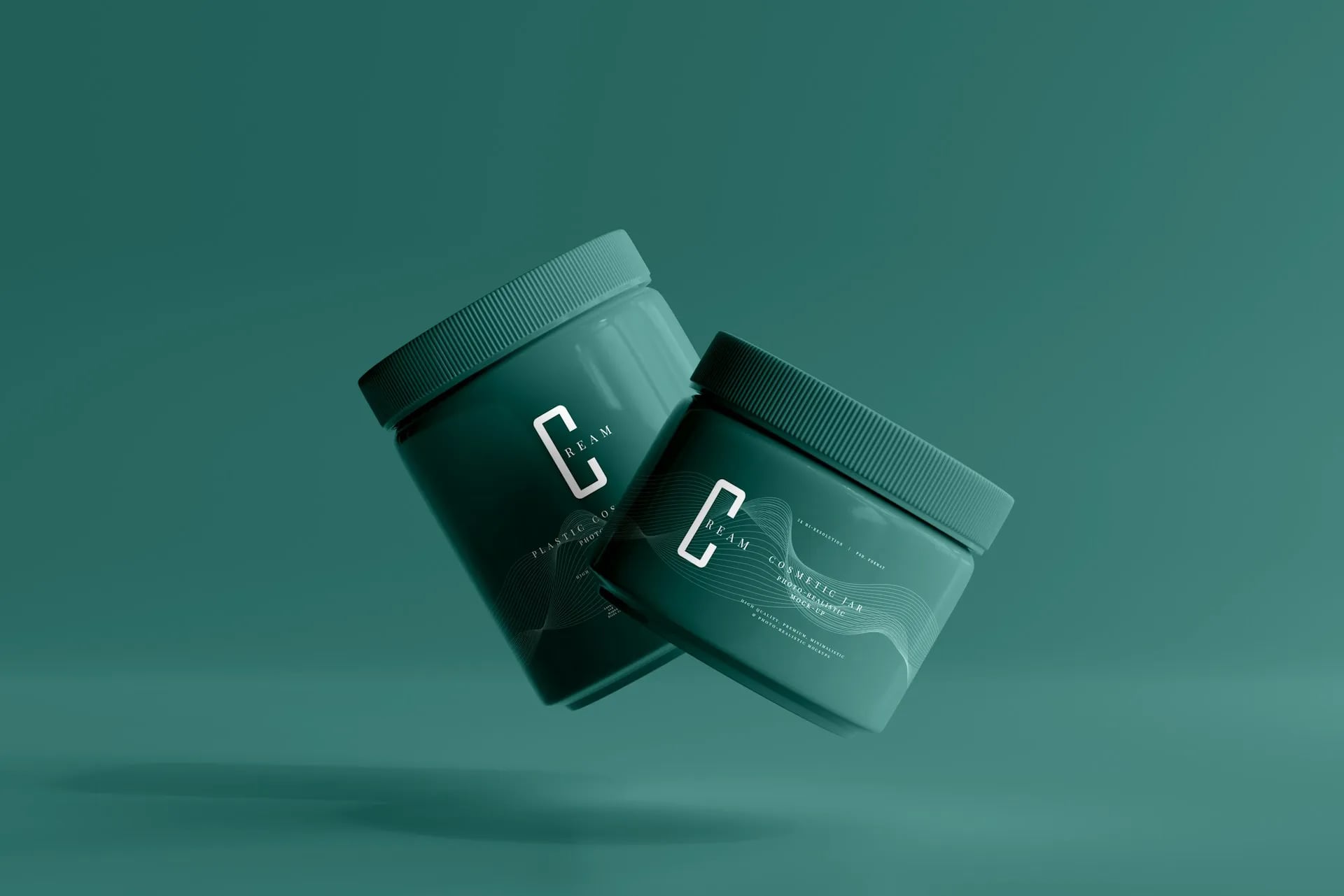 Branding elements on a desk Two green cosmetic jars labeled 'Cream' floating against a matching green background.