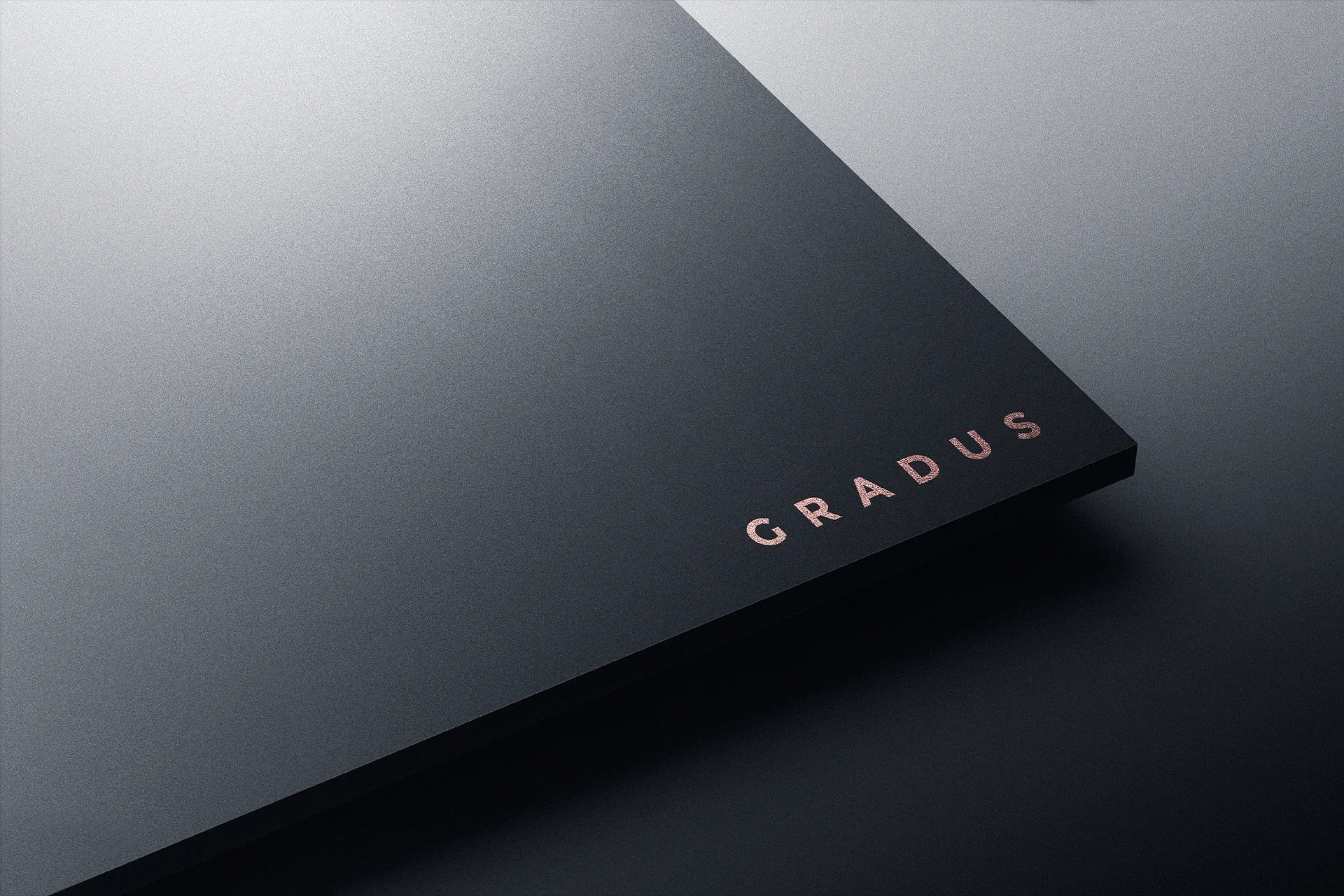 Notepad with 'Gradus' branding Close-up of a sleek black folder with the word “Gradus” embossed in metallic pink letters.
