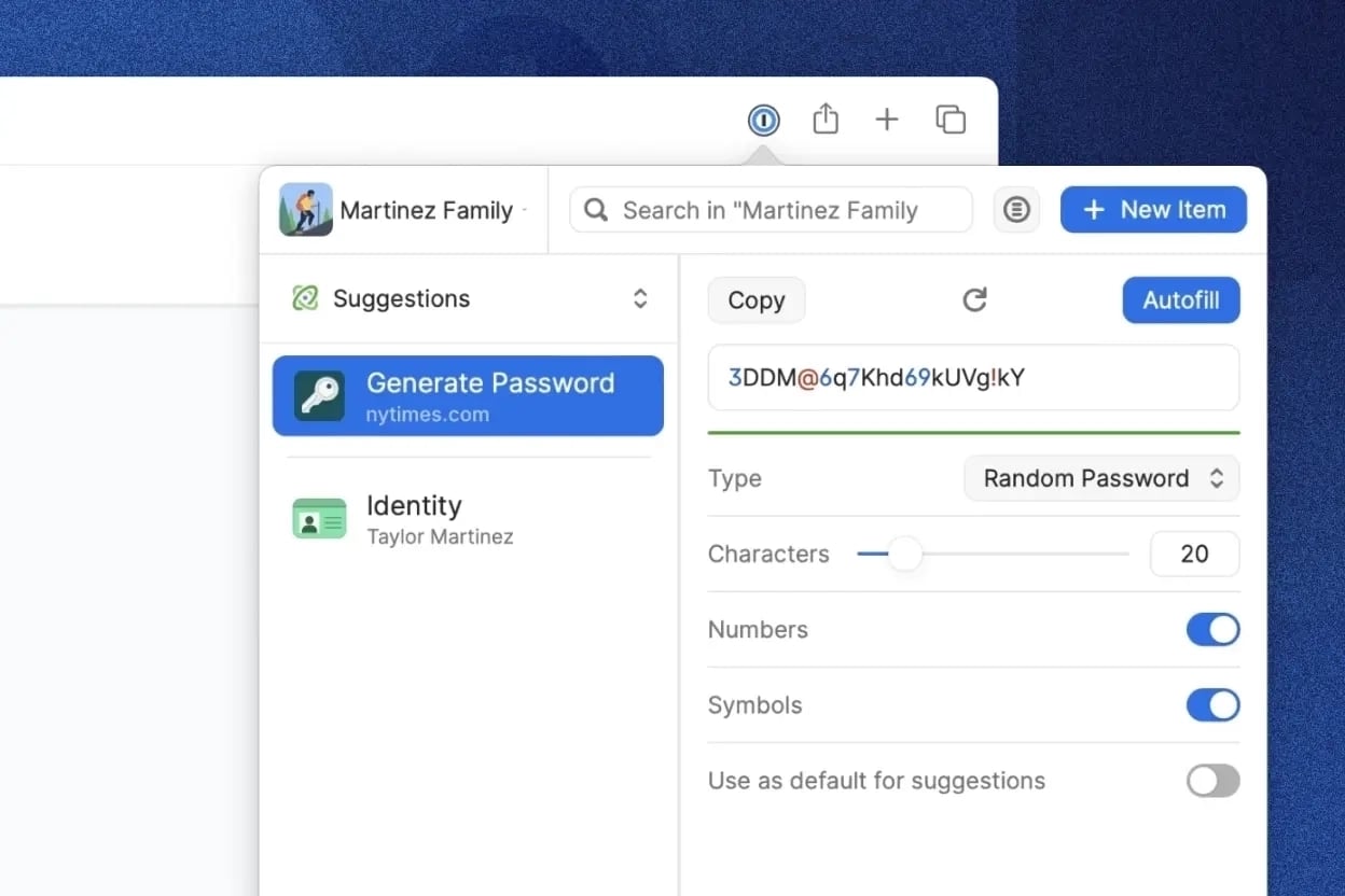 1Password password generator tool creating a strong random password with adjustable options for characters, numbers, and symbols.