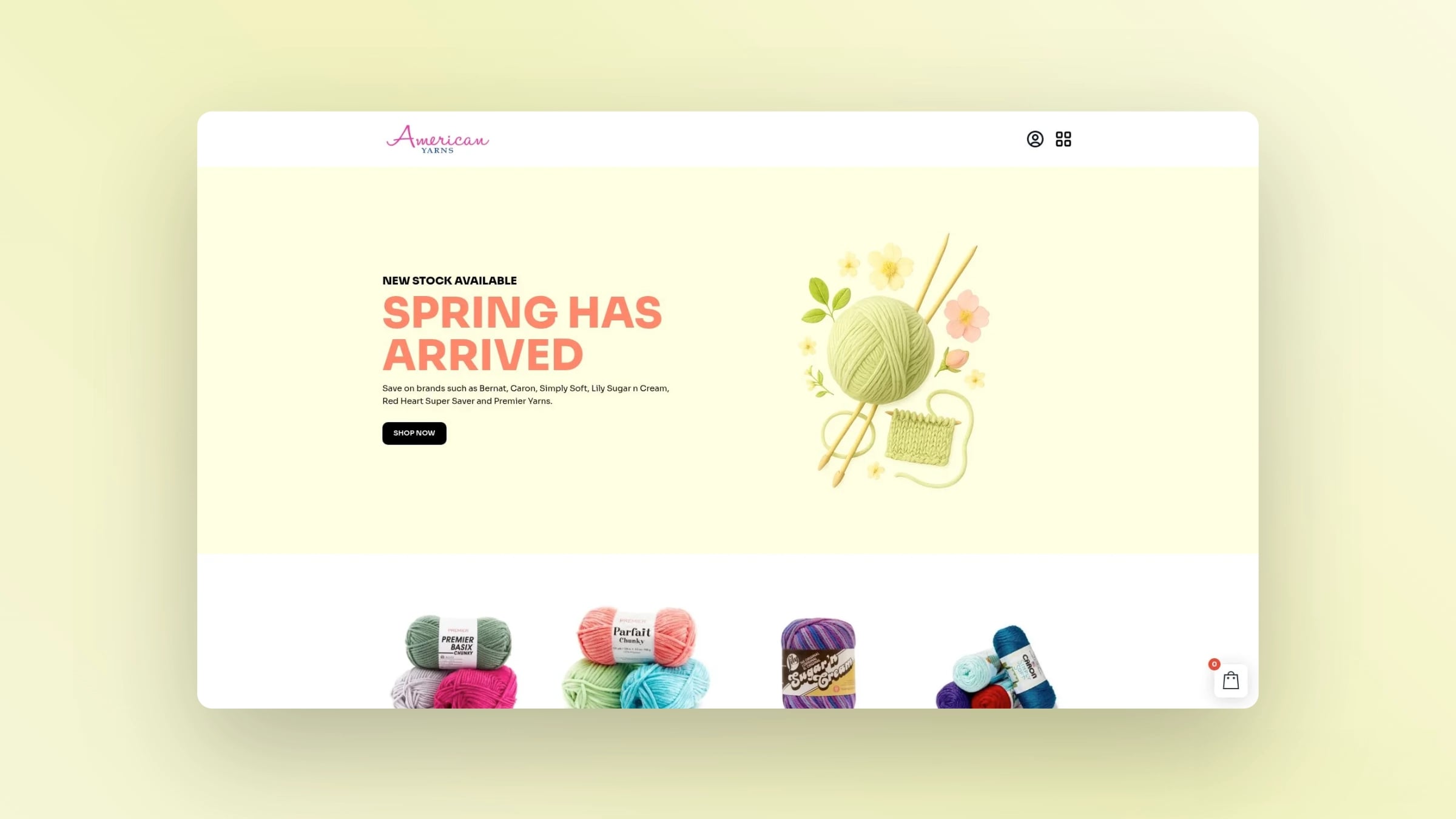 American Yarns Homepage of American Yarns showcasing new stock announcement “Spring Has Arrived” with featured yarn brands and a clean e-commerce layout.