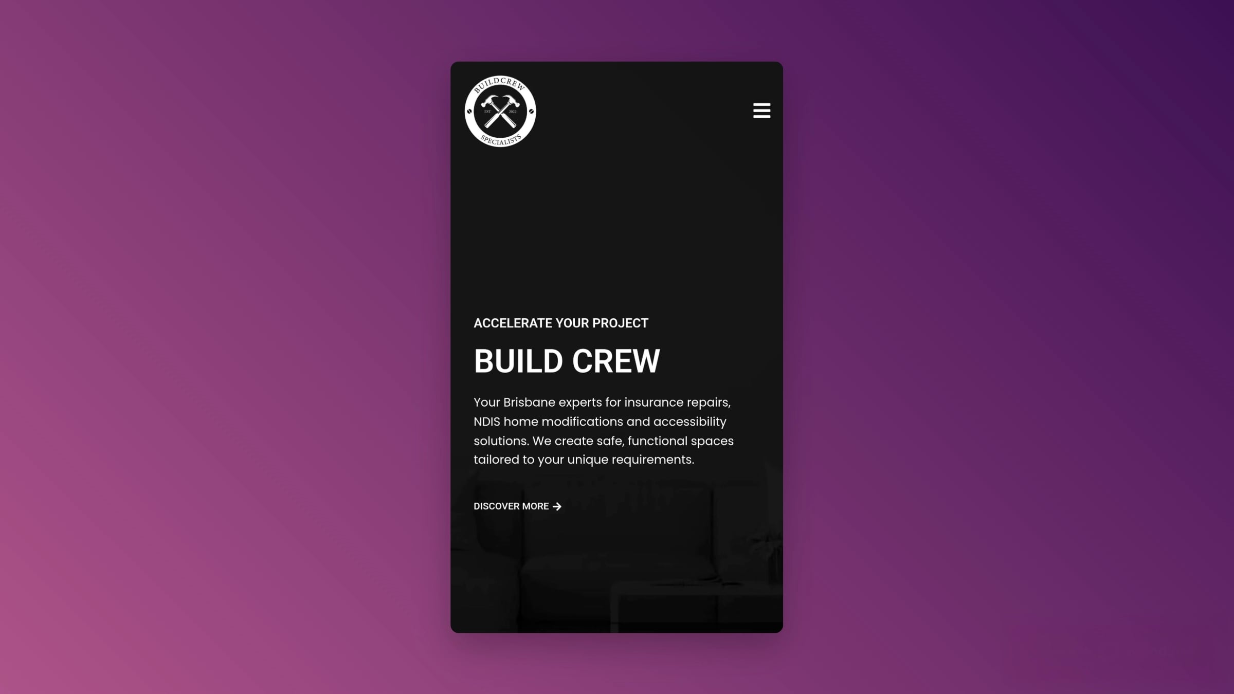 Mobile view of Build Crew’s new website featuring a dark modern interface with white text highlighting Brisbane expertise in insurance repairs and NDIS home modifications.