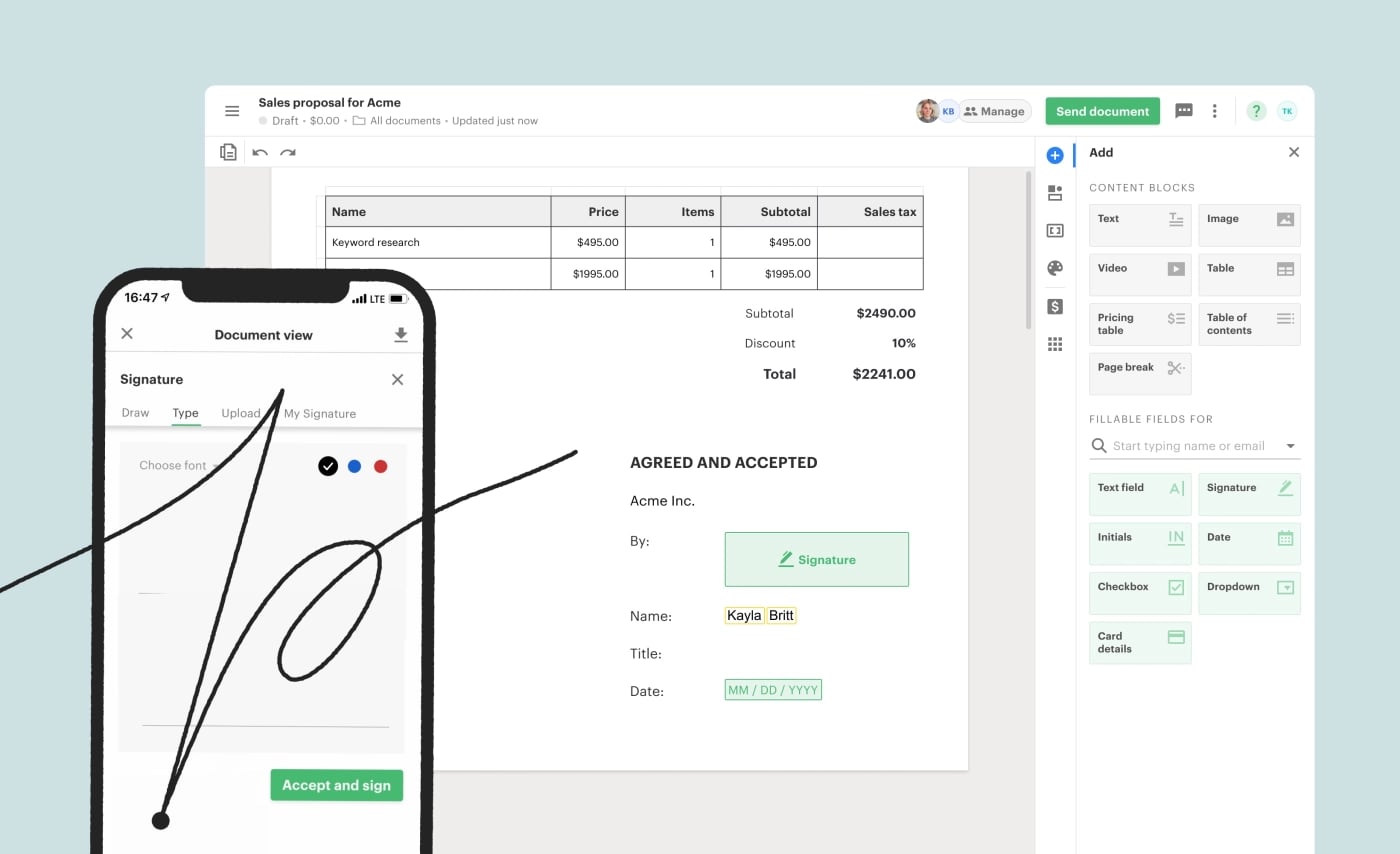 PandaDoc mobile signature screen beside the desktop proposal editor with pricing table and signature block, illustrating cross-device signing.