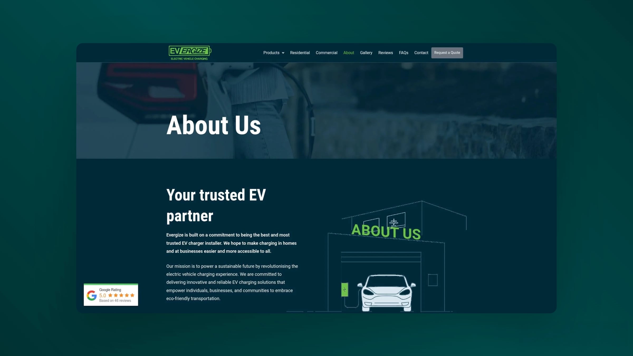 About Us page of EVergize featuring the company’s mission to deliver reliable and sustainable EV charging solutions across homes and businesses.