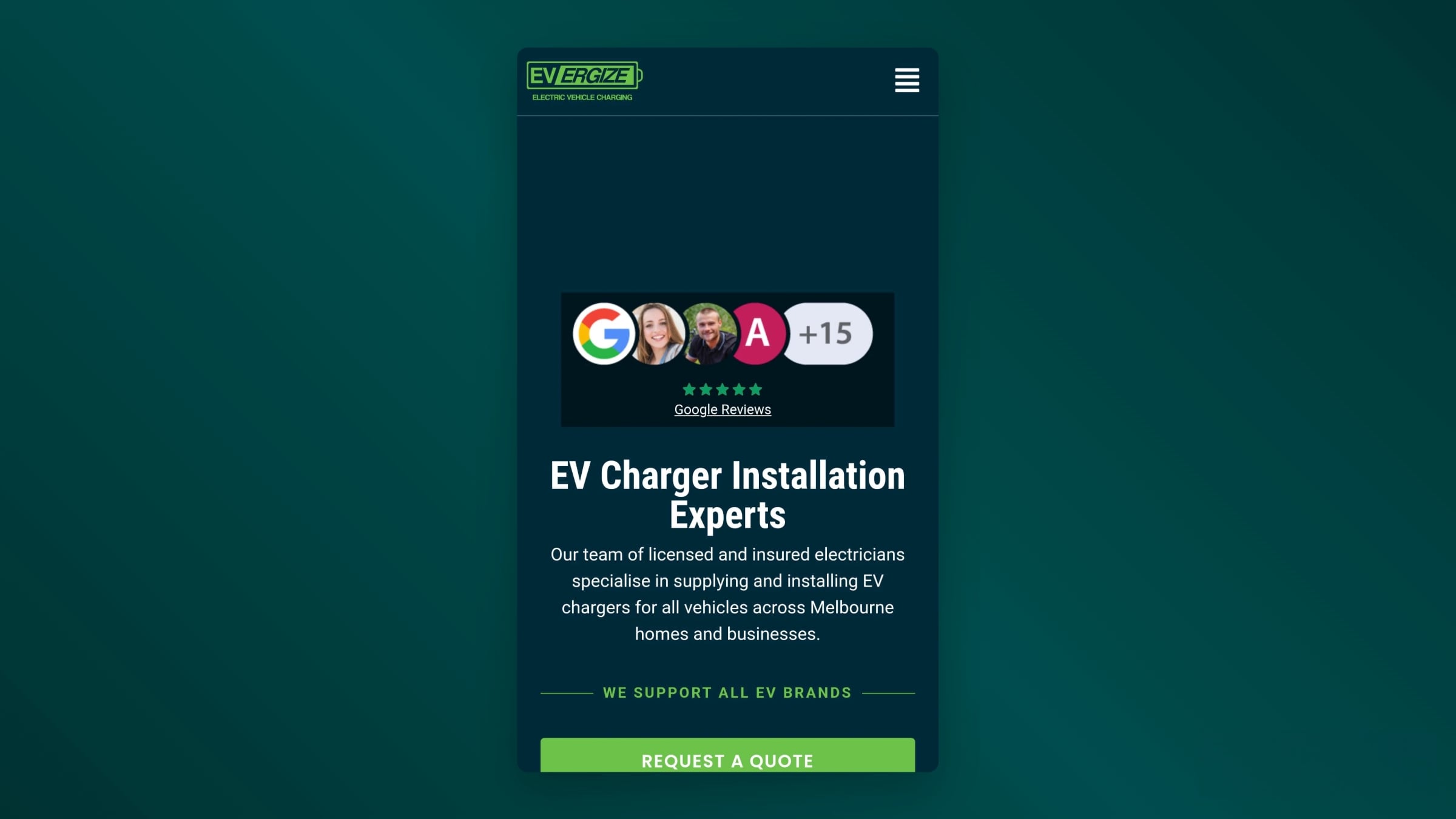 Mobile view of EVergize’s homepage highlighting responsive design and easy quote request functionality for EV charger installations.