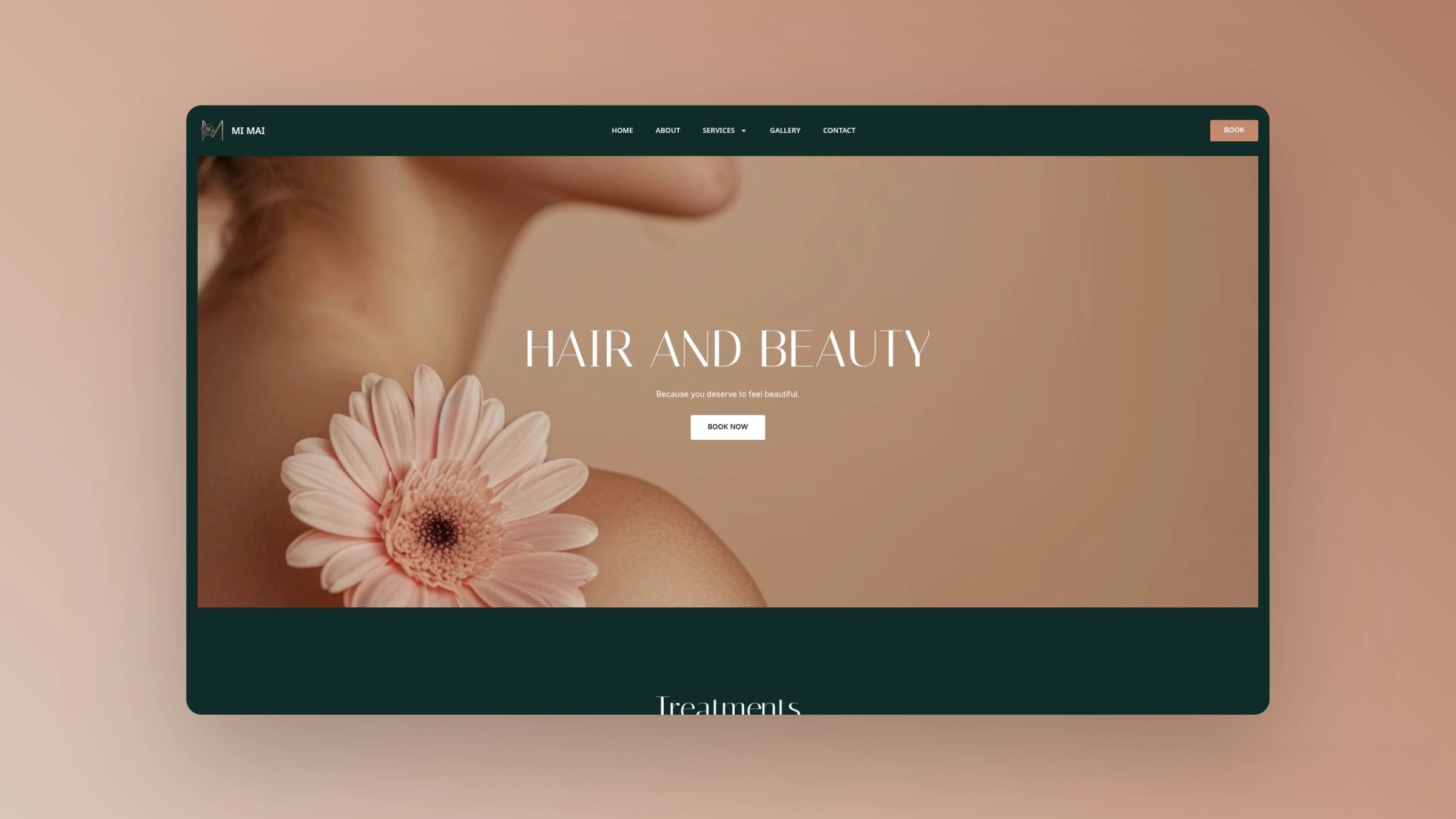 Mi Mai Beauty Homepage banner of Mi Mai Beauty highlighting hair and beauty services with booking button.