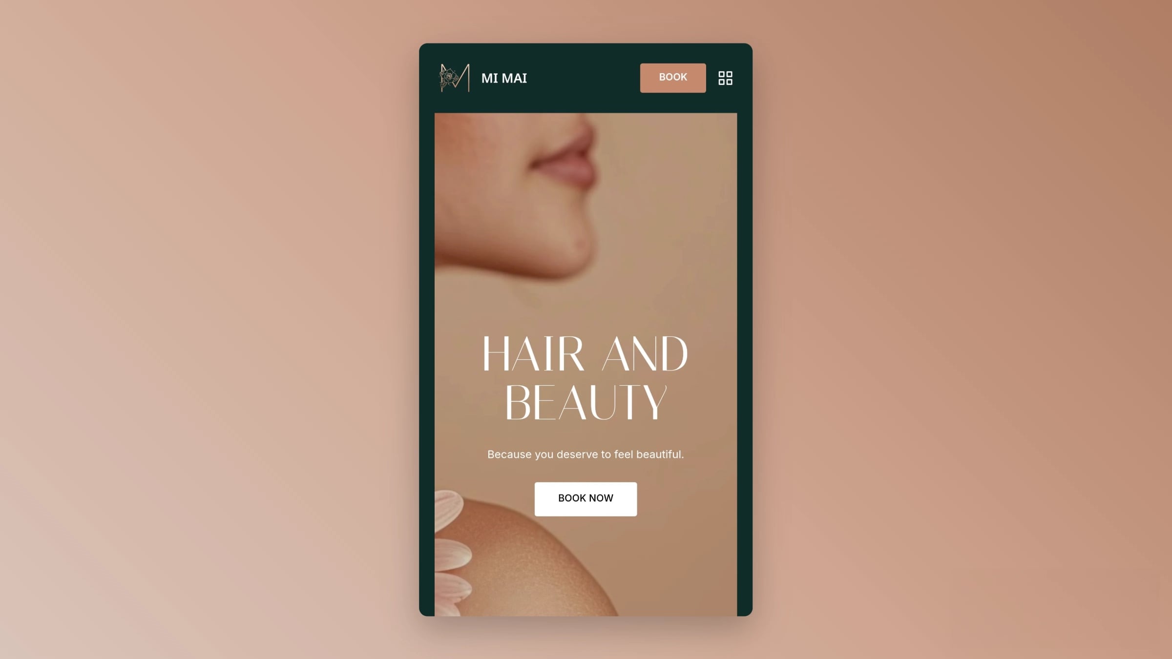 Mobile view of Mi Mai Beauty homepage showing hero banner and booking option.