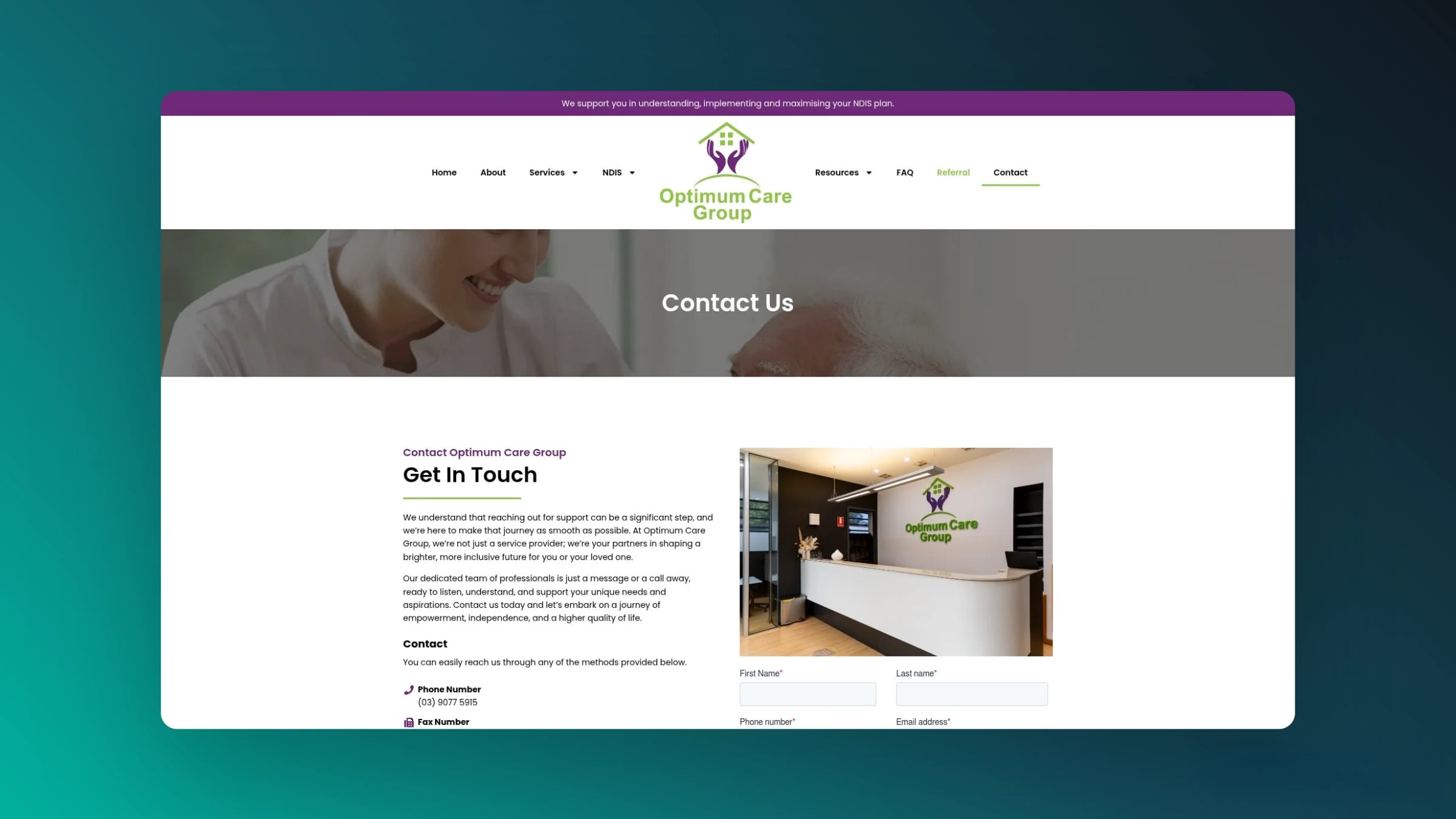 Screenshot of the redesigned Optimum Care Group website Contact page.