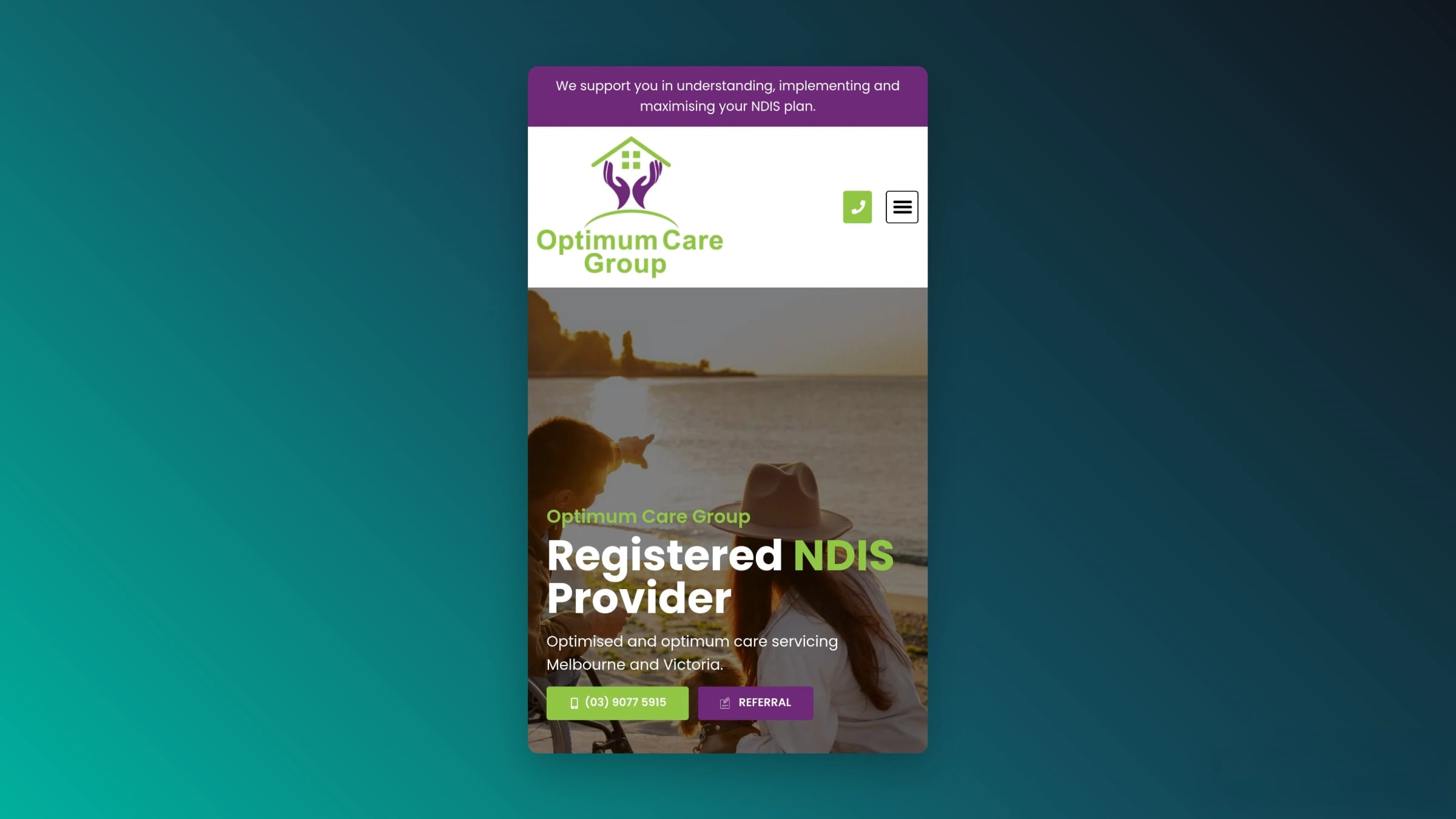 Screenshot of the mobile version of the redesigned Optimum Care Group website homepage.