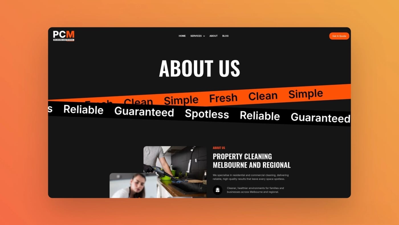 PCM & Regional About Us page featuring a bold black and orange design representing the company’s professional brand refresh and commitment to quality cleaning services.