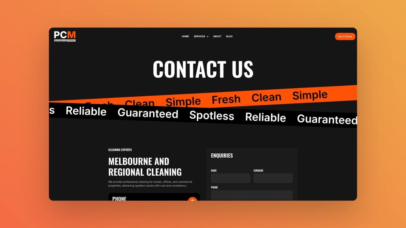 Screenshot of the PCM & Regional Contact Us page featuring a bold black and orange layout with clear enquiry form fields, showcasing the company’s professional branding and user-friendly contact interface.