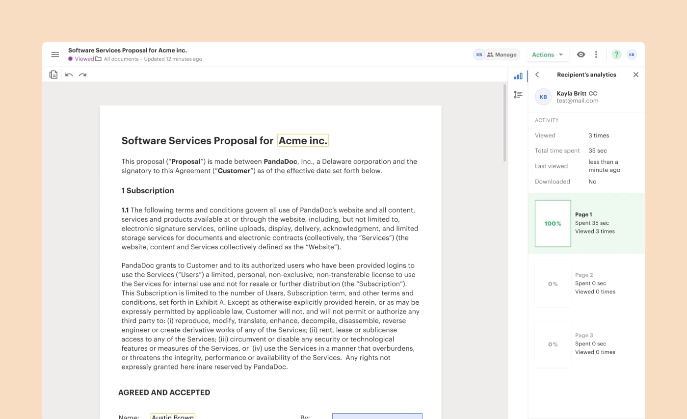 PandaDoc Software Services Proposal with Recipient’s analytics panel showing views, time spent, and page-level engagement.
