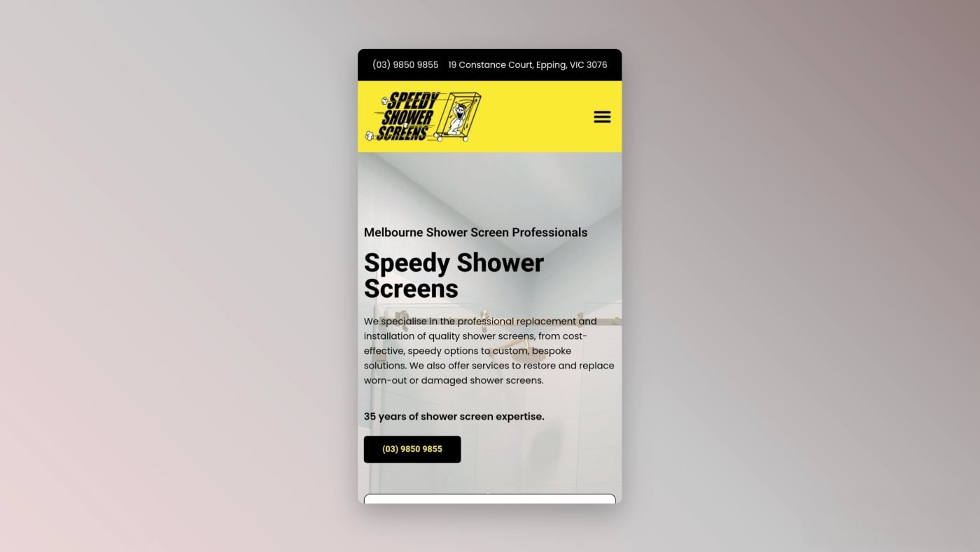 Mobile view of the Speedy Shower Screens homepage showing the yellow and black header, company logo, and introductory service section.