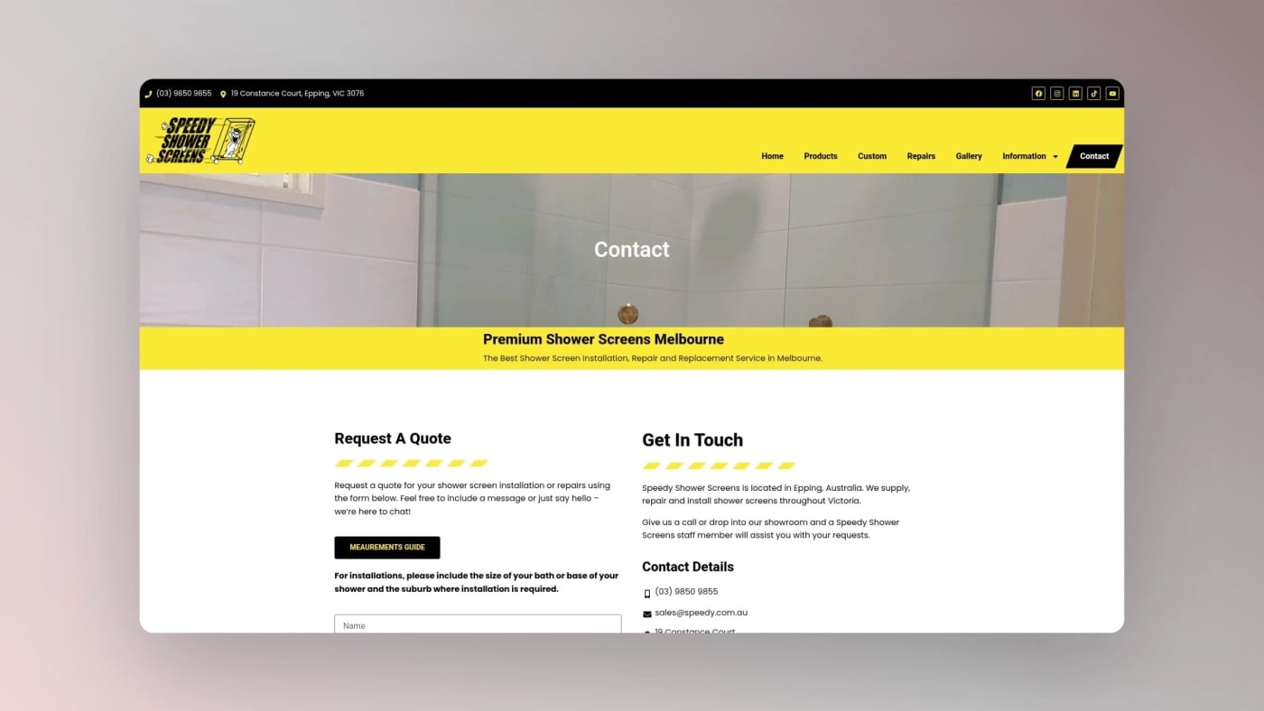 Screenshot of the Speedy Shower Screens contact page featuring request form, company details, and enquiry information.