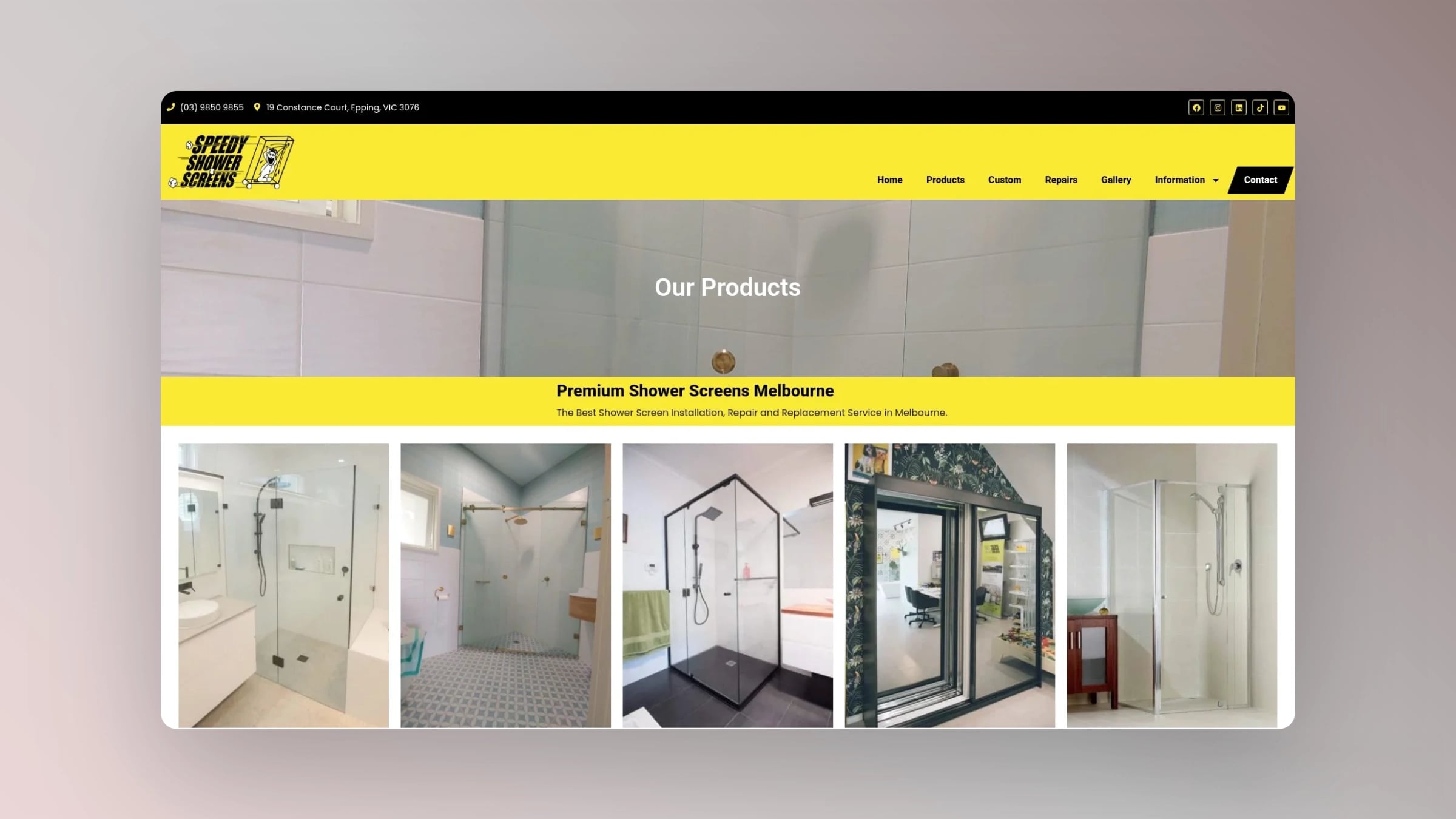 Screenshot of the Speedy Shower Screens products page showcasing framed, semi-frameless, and frameless shower screen examples.
