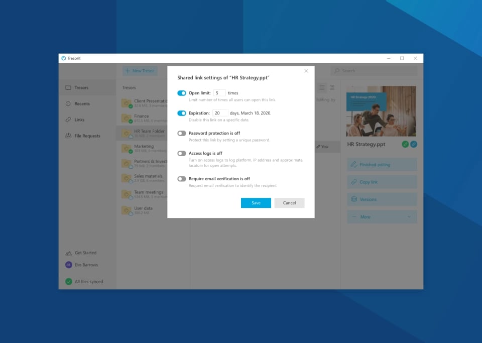 Shared link settings window in tresorit with options for limits, expiration, password, and email verification.