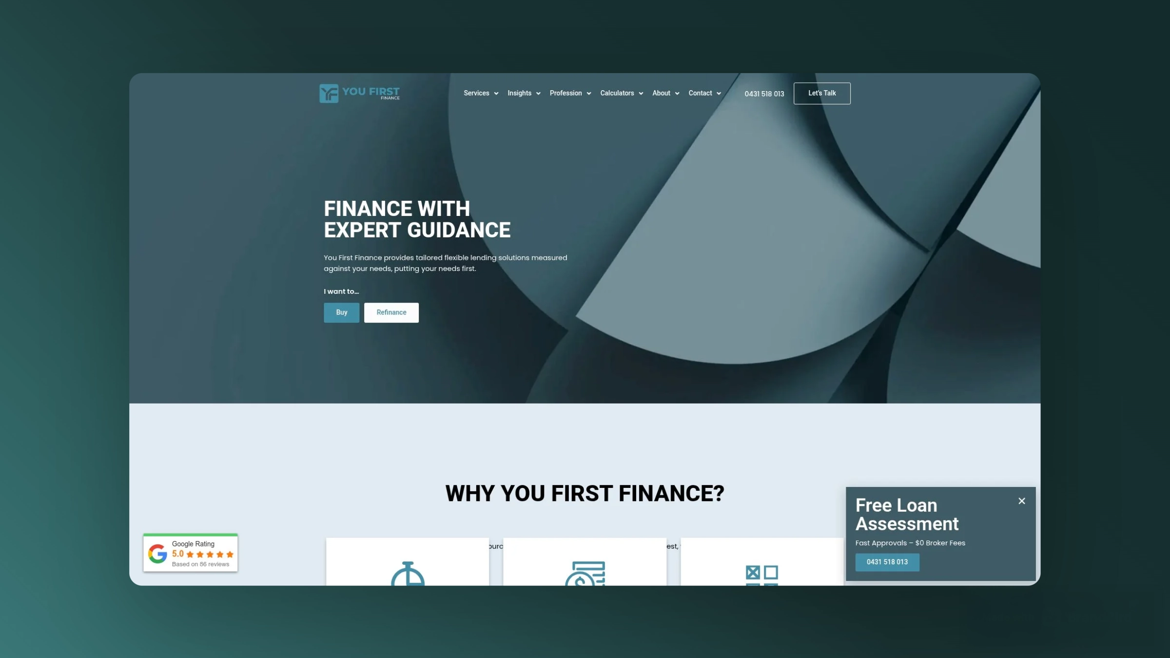 You First Finance You First Finance homepage screenshot, landing page.