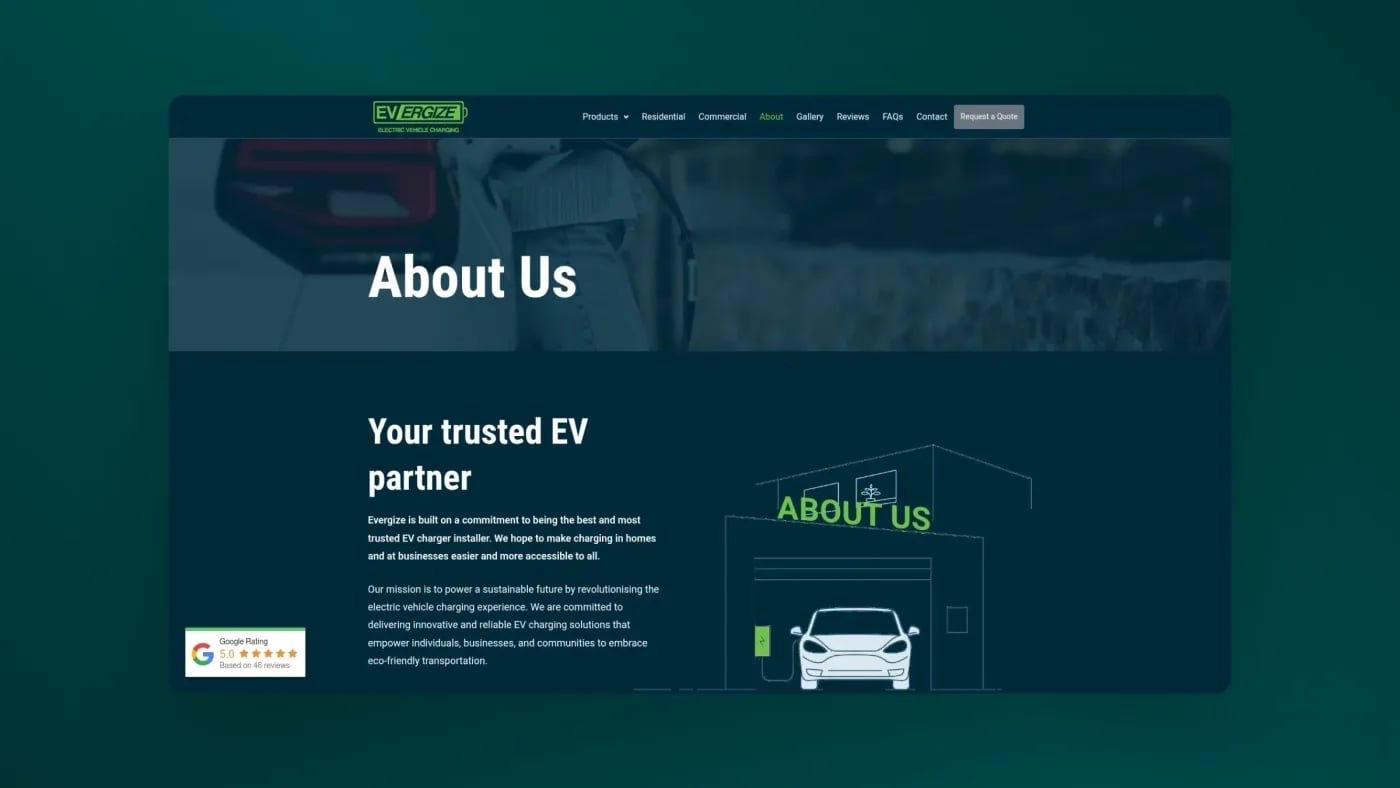 About Us page of EVergize featuring the company’s mission to deliver reliable and sustainable EV charging solutions across homes and businesses.