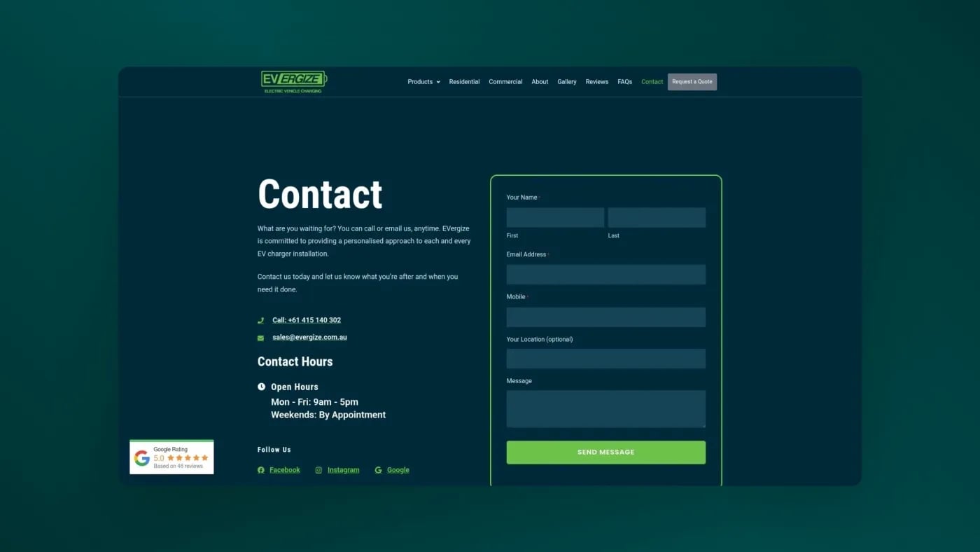 EVergize contact page featuring enquiry form, contact details, business hours, and links to social media platforms.