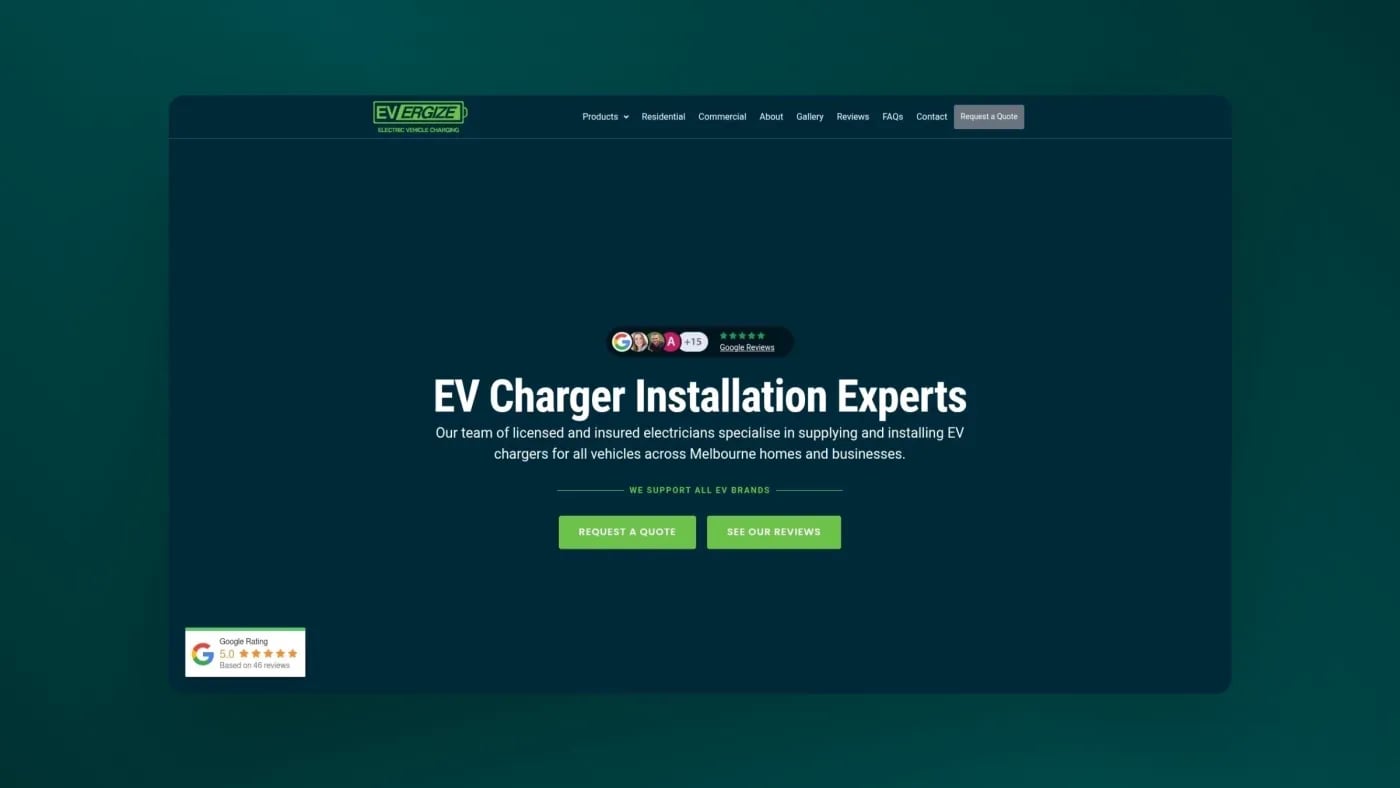 Evergize Homepage of EVergize showcasing their EV charger installation services across Melbourne with clear call-to-action buttons and 5-star Google reviews.