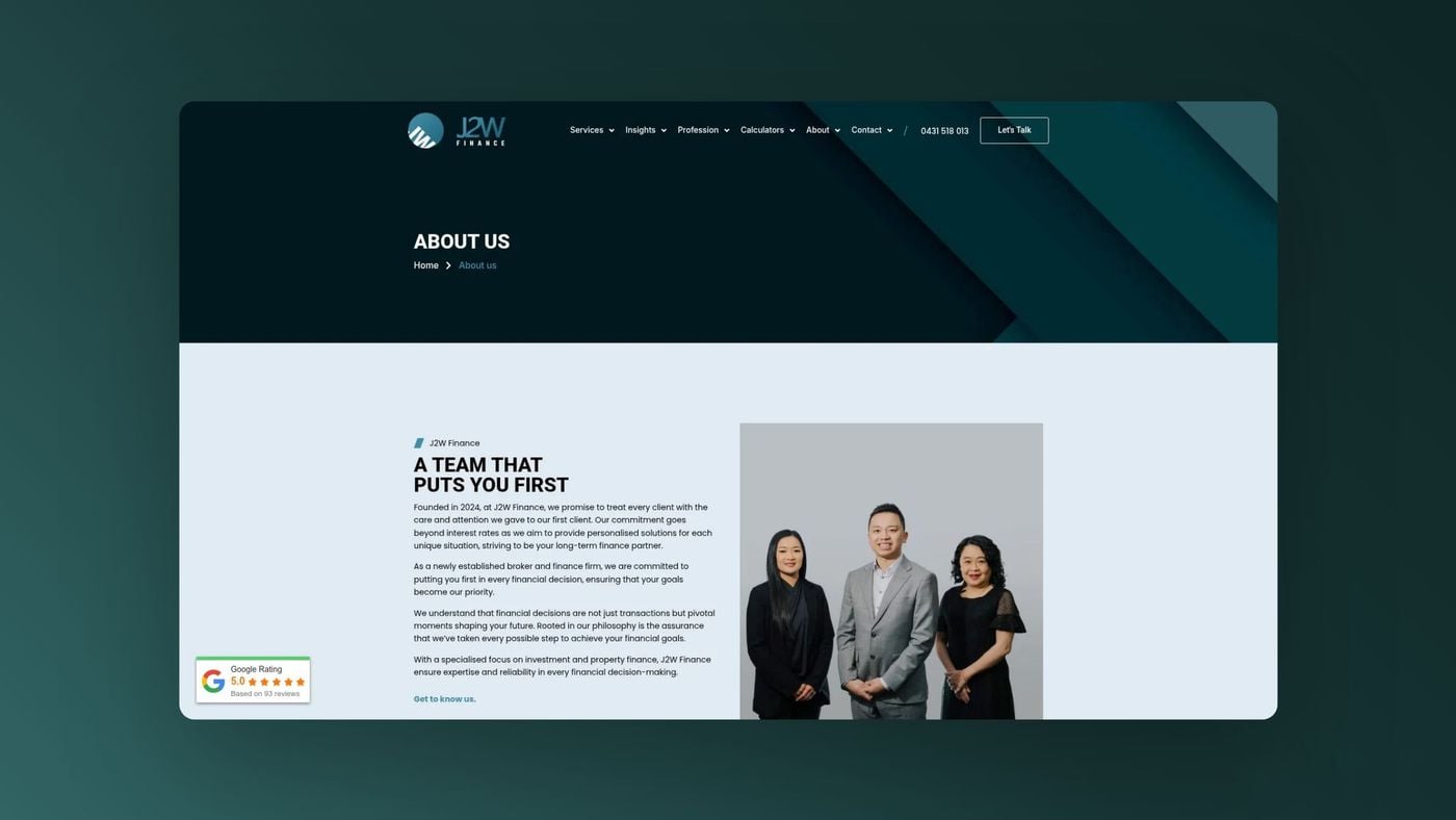 J2W Finance about us page screenshot.