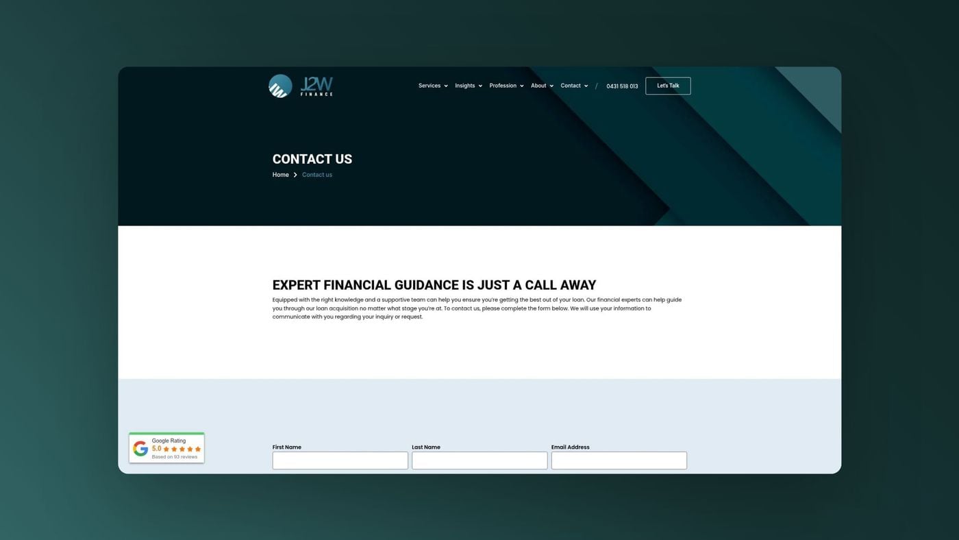 J2W Finance contact us page design.