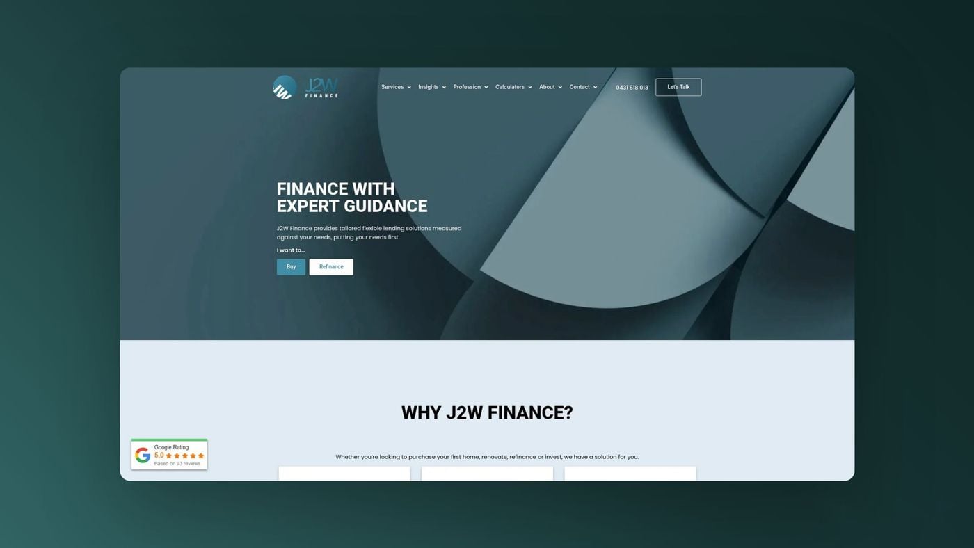 J2W Finance J2W Finance homepage screenshot, landing page.