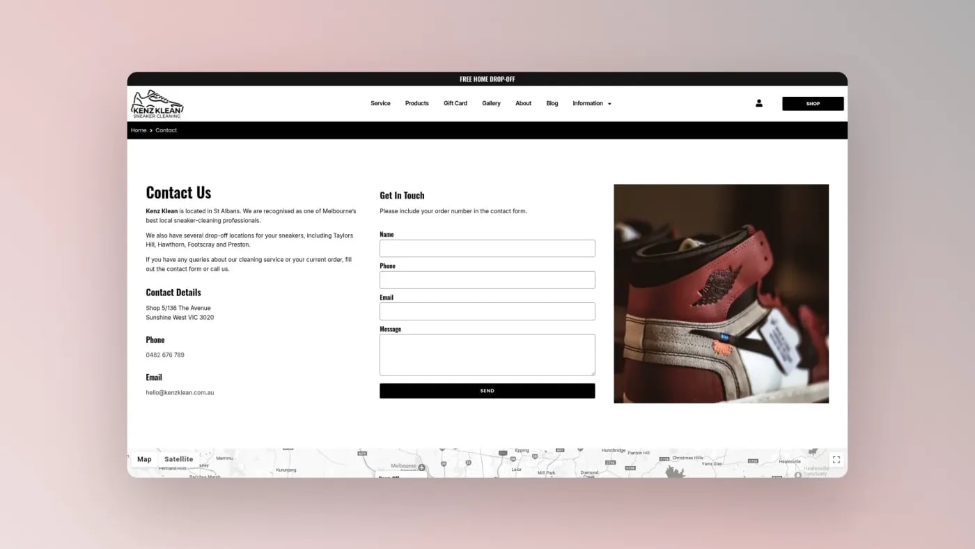 Kenz Klean contact page with enquiry form location details and sneaker cleaning service information.