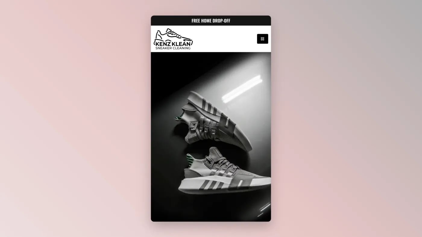 Mobile view of the Kenz Klean website showcasing responsive design and sneaker cleaning branding.