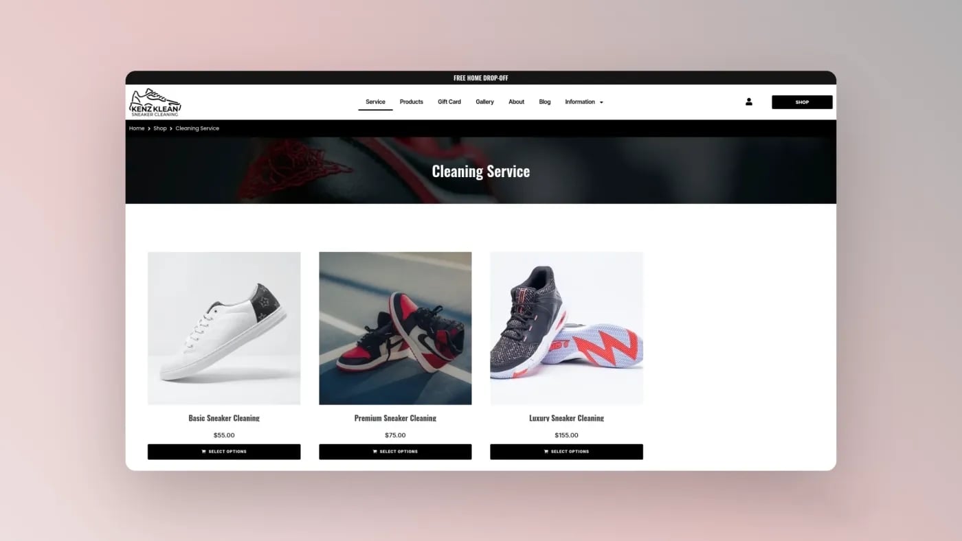 Kenz Klean sneaker care products page featuring dust bags shoe organisers waterproofing and cleaning accessories,