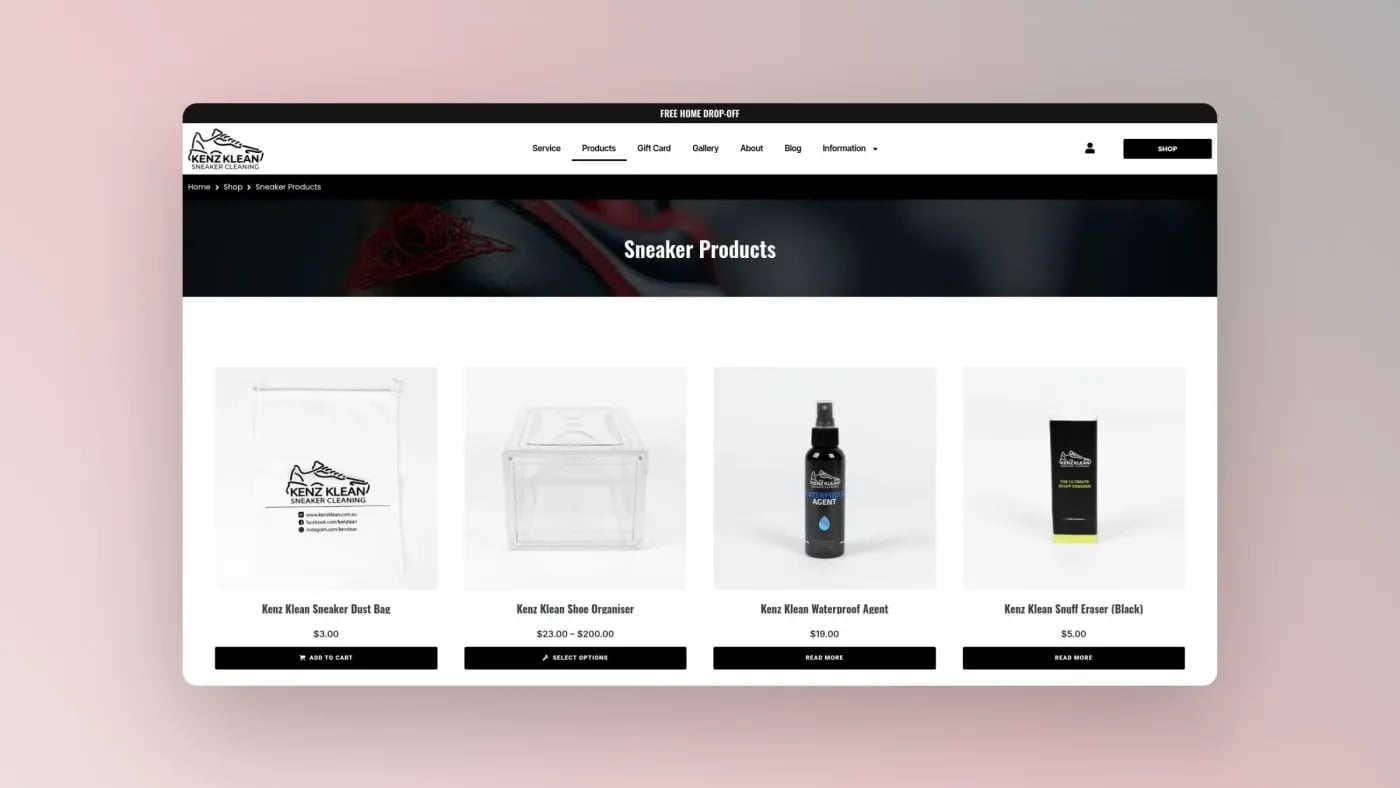 Kenz Klean cleaning services page displaying basic premium and luxury sneaker cleaning options.