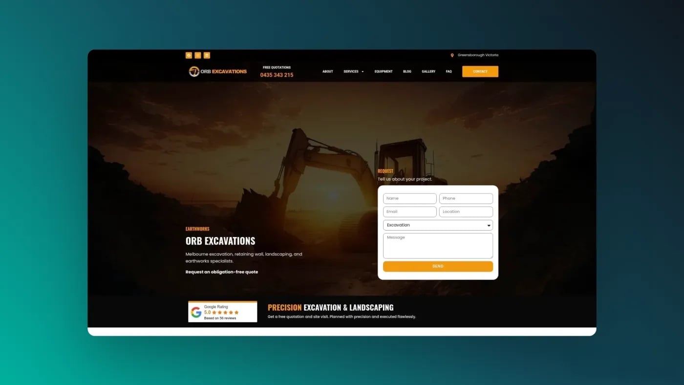 Orb Excavations Orb Excavation main screenshot of the homepage.