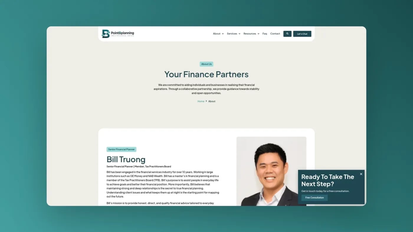 About page featuring founder Bill Truong and company overview at Point B Planning.