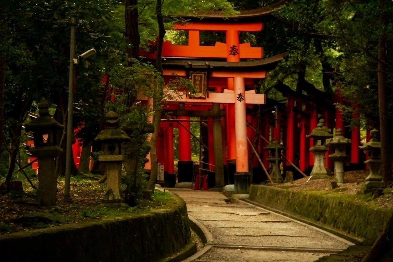 Pathway through vermilion torii gates at a Shinto shrine in Japan, with the character 奉 indicating offerings or dedication.